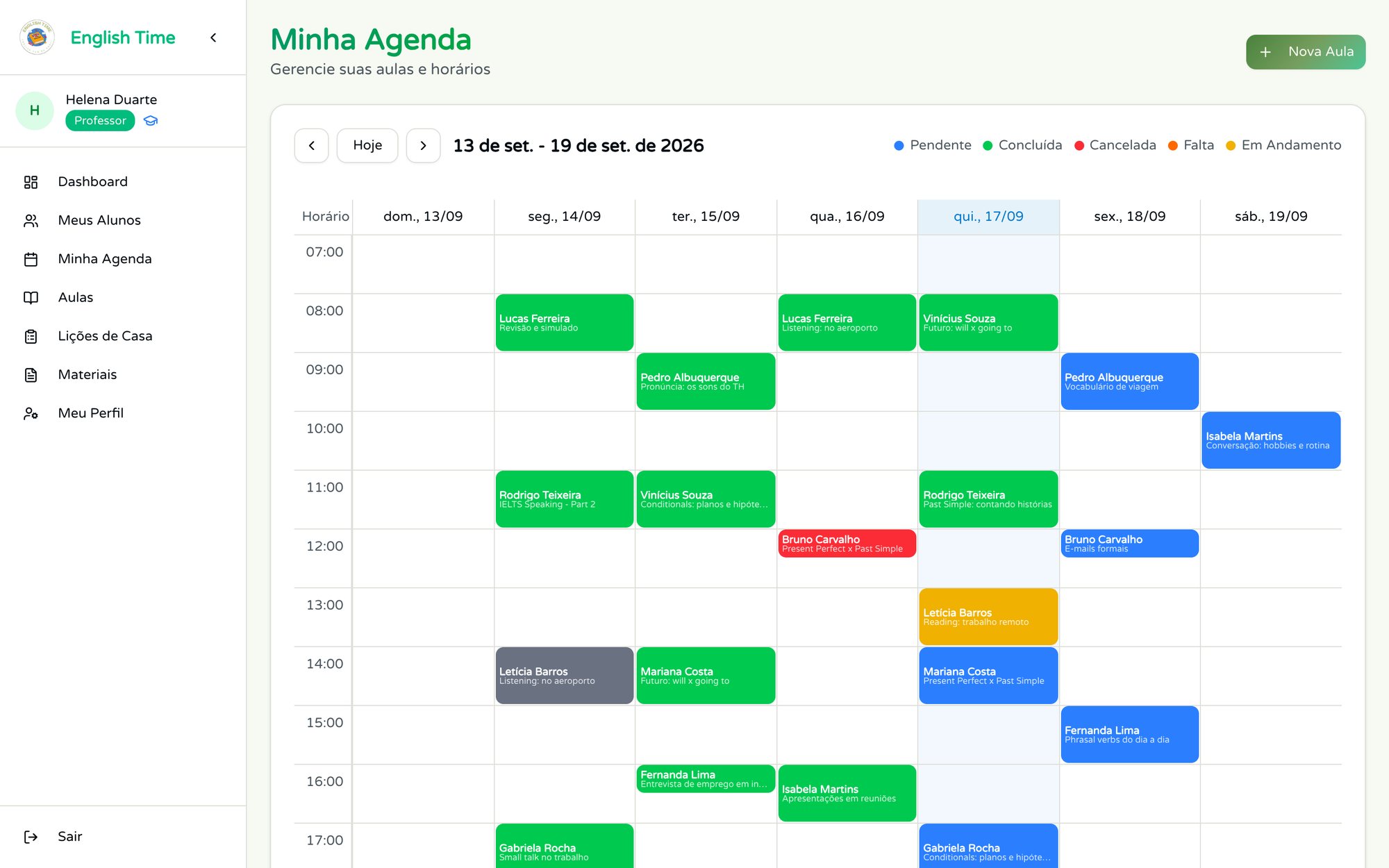 Agenda semanal da professora na plataforma da English Time, com as aulas coloridas por status
