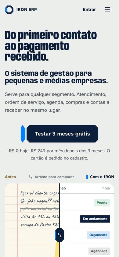 Versão de celular do site Iron ERP